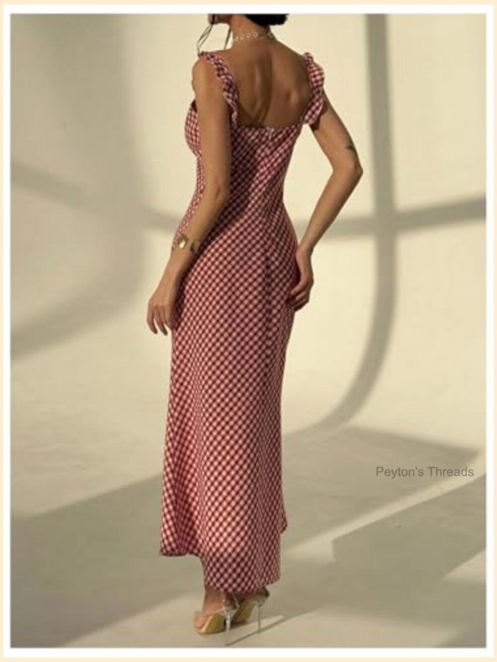 Summer Gingham Maxi Dress Ruffle Deep V Neck Sleeveless Sundress - Picture 2 of 5